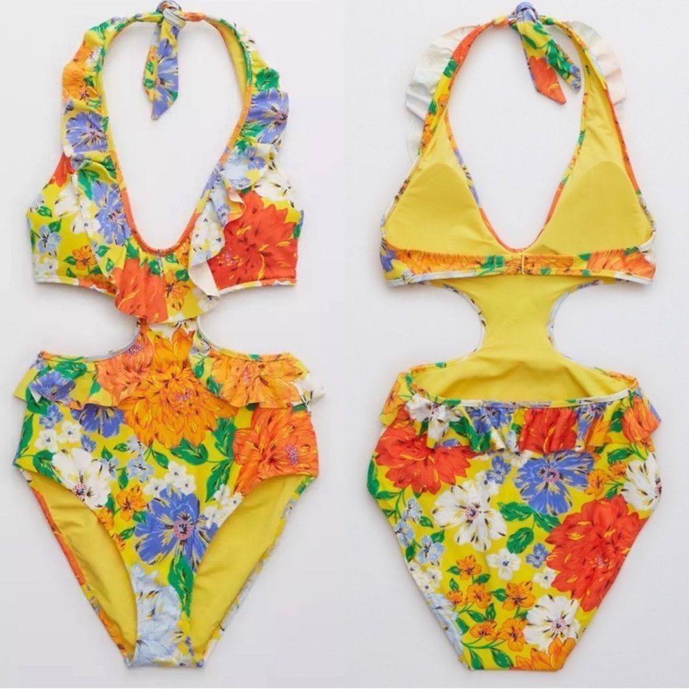 Aerie NEW Floral Ruffle Halter One Piece Swimsuit Sz S